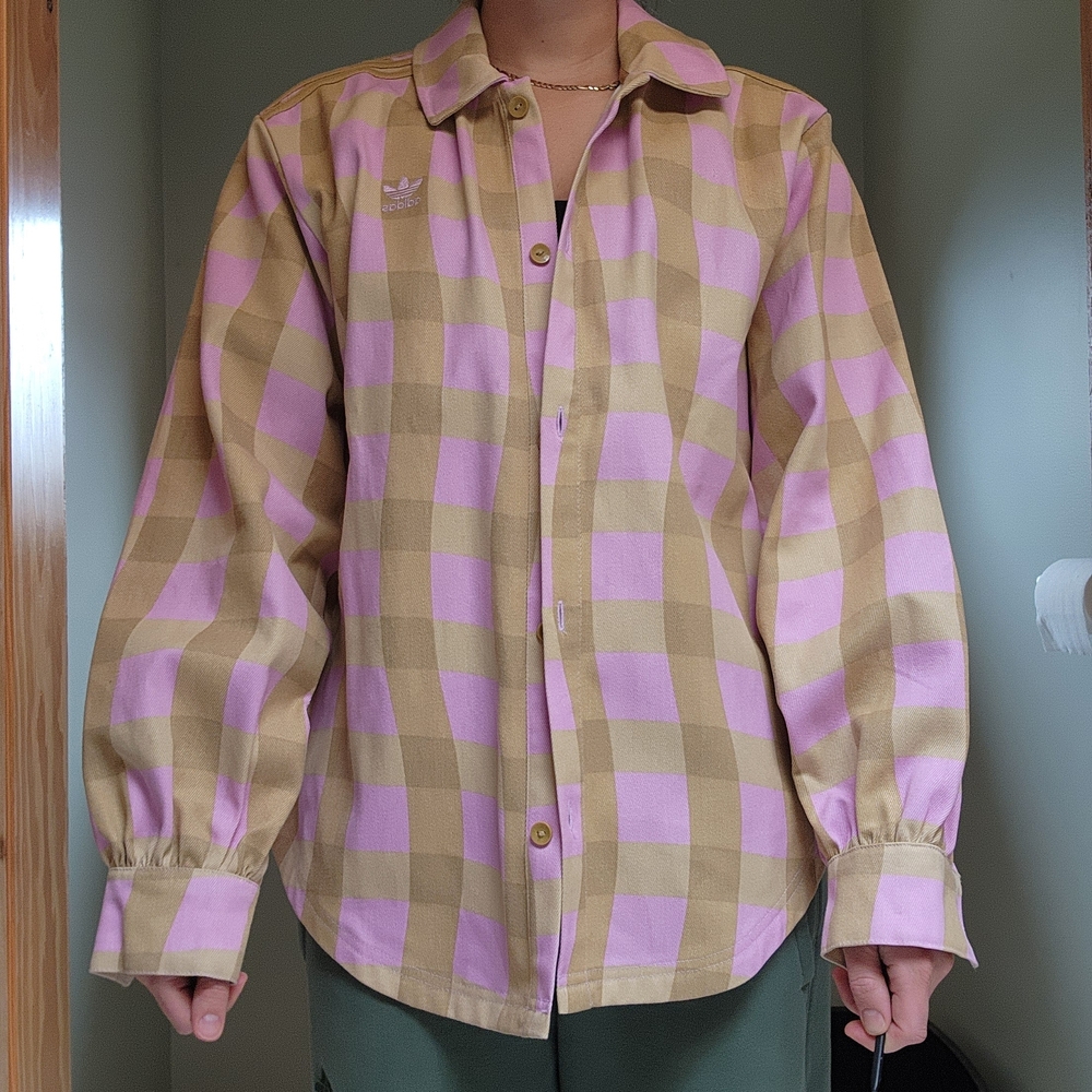 adidas Women's Pink and Tan Checkered Button Down Shirt